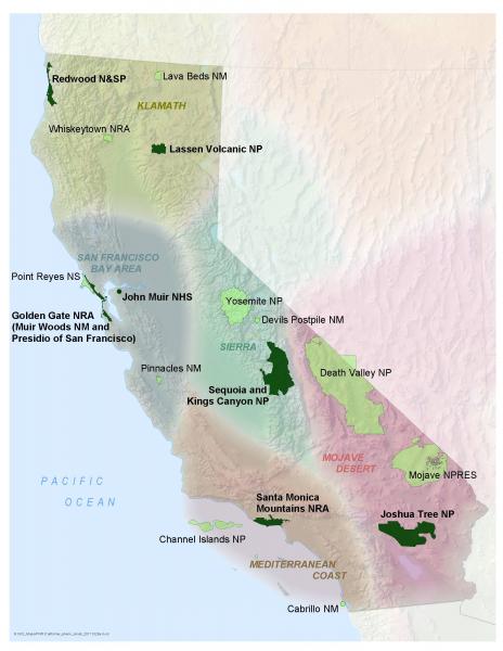 The National Park Service units that are participating in the California Phenology Project. Pilot park units are shown in dark green, and other participating parks are shown in sage green.